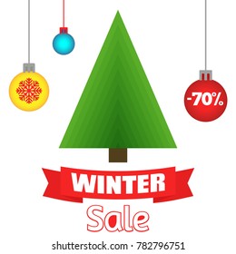 Vector illustration of spruce and inscriptions "New Year's sale" at a discount.