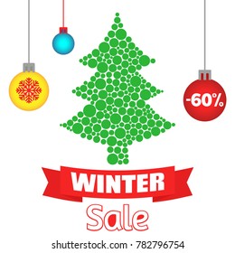 Vector illustration of spruce and inscriptions "New Year's sale" at a discount.