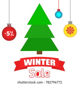 Vector illustration of spruce and inscriptions "New Year's sale" at a discount.