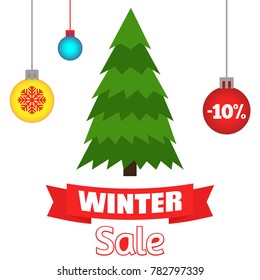 Vector illustration of spruce and inscriptions "New Year's sale" at a discount.