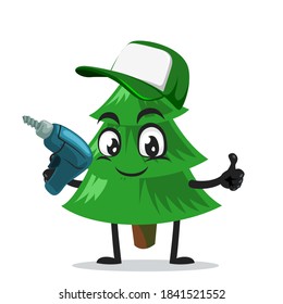 vector illustration of spruce tree mascot or character holding hand drill