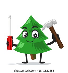 vector illustration of spruce tree mascot or character holding hammer and screwdriver
