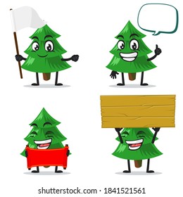 vector illustration of spruce tree mascot or character collection set with blank sign theme