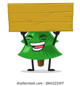 vector illustration of spruce tree mascot or character holding blank wooden
