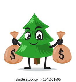 vector illustration of spruce tree mascot or character holding sacks of money