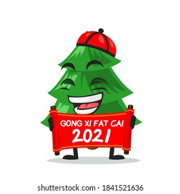 ilustración vectorial de la mascota del árbol de abeto o personaje con desplazamiento rojo y dice feliz año nuevo chino 2021