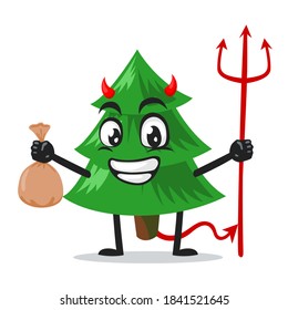 vector illustration of spruce tree mascot or character Wearing devil costume and holding trident