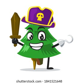 vector illustration of spruce tree mascot or character wearing pirates costume and holding wooden sword