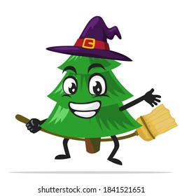 vector illustration of spruce tree mascot or character wearing witch costume and ride flying broom