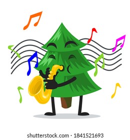vector illustration of spruce tree mascot or character playing saxophone