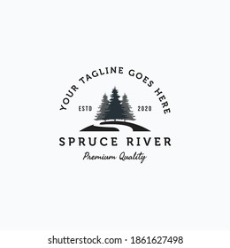 Vector Illustration Of Spruce Tree On The Hill With River Vintage Logo Design