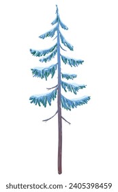 Vector illustration of a spruce tree in the snow on a white background. Green fluffy pine covered with snow. Winter snow-covered tree for Christmas scene, New Year card. Winter design element.