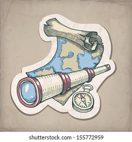 Vector illustration of spyglass, map and compass on the old paper 