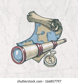 Vector illustration of spyglass, map and compass on the old paper 