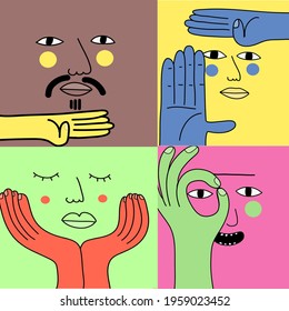 Vector illustration Square abstract faces with various emotions and hand gestures.