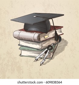 Vector illustration with a square academic cap, a pile of books and a divider tool. Engraving style, in sepia.