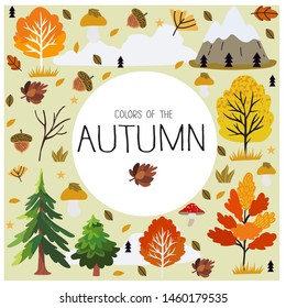 Vector illustration of a square autumn frame with forest, mountains, trees, mushrooms and colorful foliage that can be used for print designs, greeting postcard and other decorations.