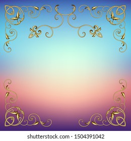 Vector illustration square background beautiful red blue gradient with gold frame, corners, side and top limiter in vintage style with Baroque and modern elements