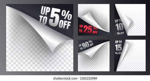 Vector illustration. Square banner ad templates with 3D page flipping effect. Elements for web design, retail advertising on websites and social networks. Discounts on black background with gradient