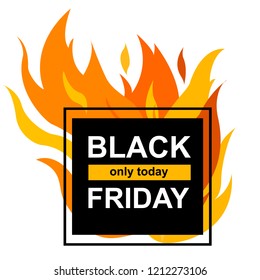 Vector Illustration. Square banner with Black Friday. Black card for hot offer with frame fire graphic. Template