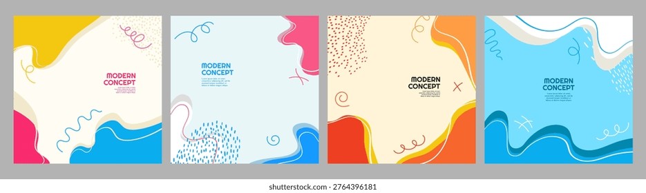 Vector illustration. Square banner template. Hand-drawn doodle shapes and lines. Design elements for social media, web banners, and blog posts. Trendy abstract colorful childish background.