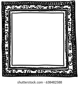 Vector illustration of square black doodle frame, isolated on white background.