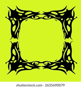 Vector illustration of a square black frame in cyber sigilism and neo tribal style over neon yellow. Bold lines and futuristic shapes reflect the Y2K and cyber-aesthetic trend in design today.