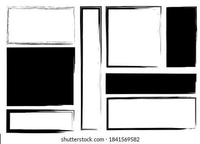 Ilustración vectorial de formas cuadradas negras. Rústicos rectángulos. Pincel de texturas. Pancartas rasgadas. Imagen de archivo.