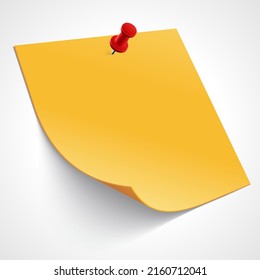 Vector illustration of square blank piece of paper of bright yellow color for memo writing attached to surface with red pin