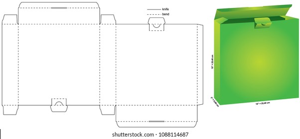 Vector Illustration of square box with preview and dimensions. Package Template. Isolated green preview of retail mock up.