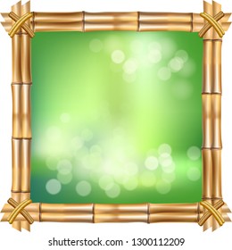 Vector illustration of square brown dry bamboo stems border frame, blur bokeh background and blurry white circles inside isolated on white. Abstract concept tropical signboard, empty place for text.