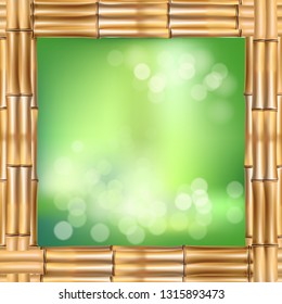 Vector illustration of square brown dry bamboo stems border frame, green bokeh background and blurry white circles inside. Abstract spa concept tropical banner with empty copy space, place for text.