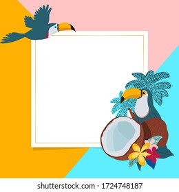 Vector illustration of square card with tropical elements of decor, framed by palm, coconut, toucans, plumeria flowers and golden border on three-colored background. Place for your text. - Vector