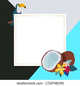 Vector illustration of square card with tropical elements of decor, framed by coconut, toucans, plumeria flowers and golden border on three-colored background. Place for your text. - Vector