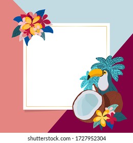 Vector illustration of square card with tropical elements of decor, framed by palm, coconut, toucans, plumeria flowers and golden border on three-colored background. Place for your text. - Vector