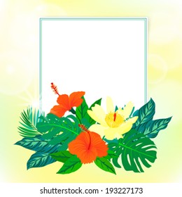 Vector illustration of square card with tropical elements of decor, framed by palm and banana leaves, big monstera plant, yellow lotus flower and red hibiscus on sun lighted green background