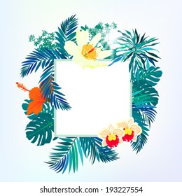 Vector illustration of square card with tropical elements of decor, framed by palm and banana leaves, big monstera plant, orchid flowers and orange hibiscus on sun lighted sky blue background