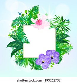 Vector illustration of square card with tropical elements of decor, framed by palm and banana leaves, big monstera plant, orchid flowers and pink lotus on sun lighted sky blue background