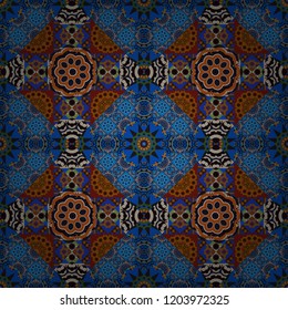 Vector illustration. Square design for pillow, carpet, rug. Design for silk neck scarf, kerchief, hanky. Abstract tiles with patterns in black, blue and brown colors.