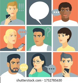 Vector illustration. Square dialog boxes with avatars of men and women who discuss social networks, news. Communication concept. With chat speech bubbles.