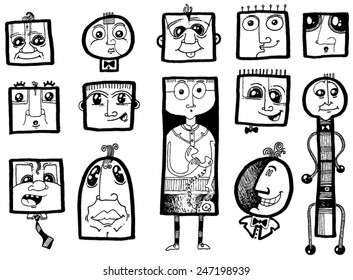 vector - illustration square faces, funny people cartoon characters, big eyes, happy, smile - pattern