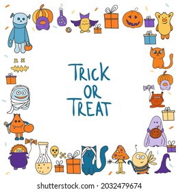 Vector illustration of a square festive banner trick or treat. Lettering and characters of merry halloween pattern frame.