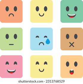 Vector illustration of square figures with different emotions and expressions such as joy, sadness, anger. Facial expressions.