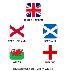 Vector illustration square flags of UK, England, Scotland, Wales and Northern Ireland.