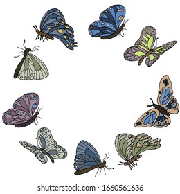 Vector illustration of a square format. Circle frame butterflies. For weddings, invitations, cards, print.