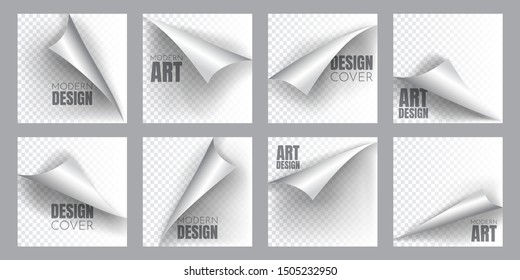 Vector illustration. The square format of the page flip template. 3d page turn concept. Set of leaves with shadows. Graphic elements for the design of logos, advertising products and web pages