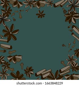 Vector illustration of a square format. Round frame for spices. For menus, coffee houses, postcards, print. Cinnamon sticks, star anise, cloves.