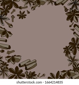 Vector illustration of a square format. Round frame for spices. For menus, coffee houses, postcards, print. Cinnamon sticks, star anise, cloves.