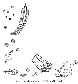 Vector illustration of a square format. Spice. For menus, restaurants, chefs, postcards, printing. Cinnamon sticks, bay leaf, peppercorns, chili peppers, ginger. Lineart on a white background. Banner.