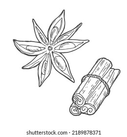 Vector illustration of a square format. Spices. For menus, coffee houses, postcards, print. Cinnamon sticks, star anise, cloves. Lineart on a white background.
